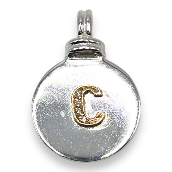 Silver Disc Initial 'C' Pendant with Diamond & Gold Letter