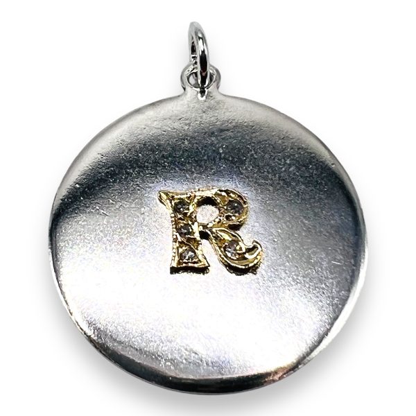 Silver Disk Pendant Initial "R" Diamond & 10k Gold Letter - Image 2