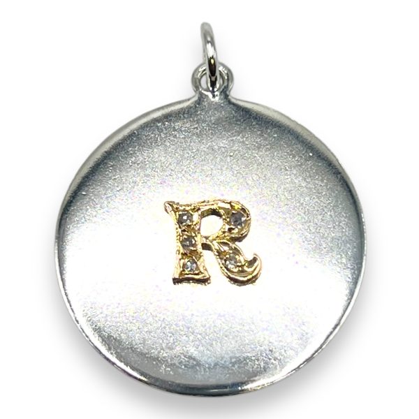 Silver Disk Pendant Initial "R" Diamond & 10k Gold Letter