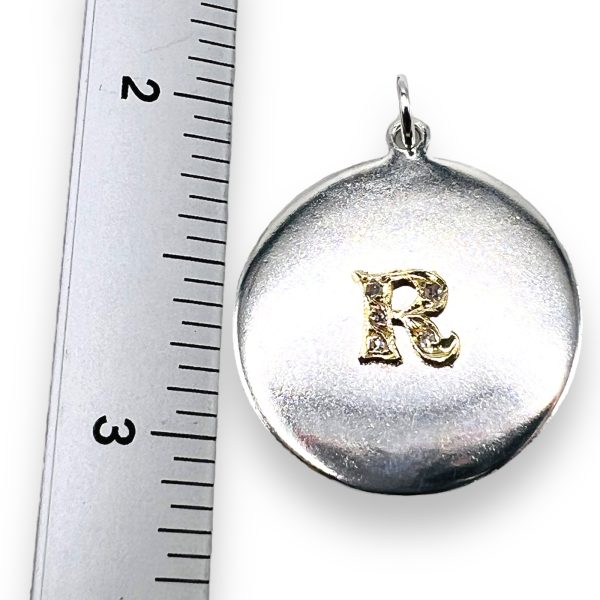 Silver Disk Pendant Initial "R" Diamond & 10k Gold Letter - Image 9