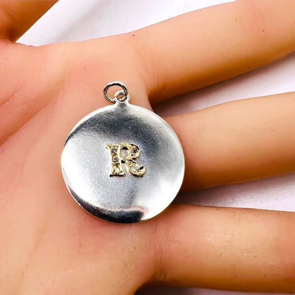 Silver Disk Pendant Initial "R" Diamond & 10k Gold Letter - Image 6