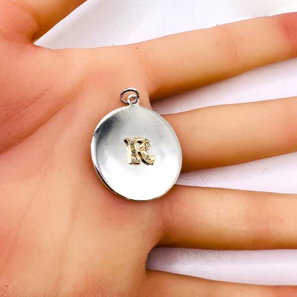 Silver Disk Pendant Initial "R" Diamond & 10k Gold Letter - Image 10