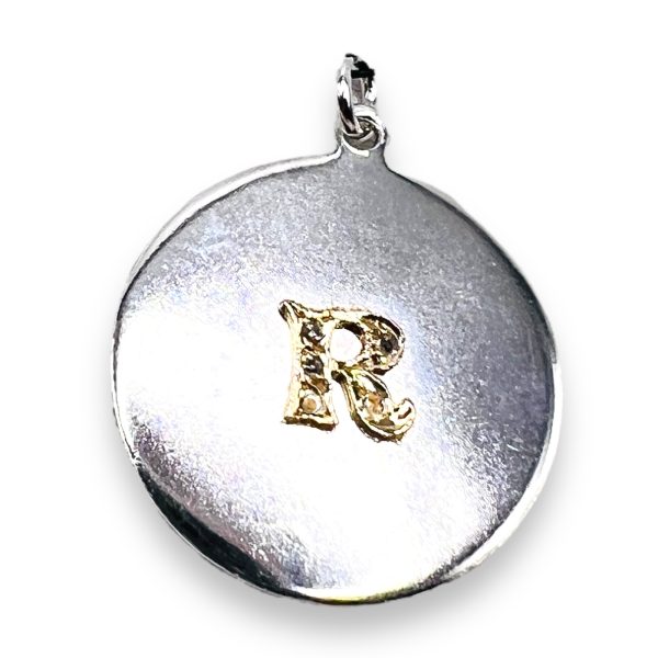 Silver Disk Pendant Initial "R" Diamond & 10k Gold Letter - Image 7