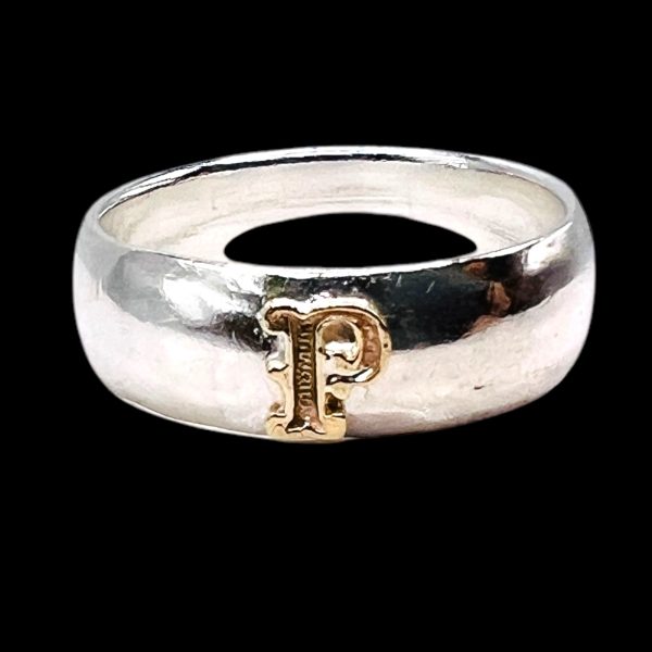 Initial Ring "P" 10k Gold Letter, sz 5.75 | 6mm Silver Band - Image 4