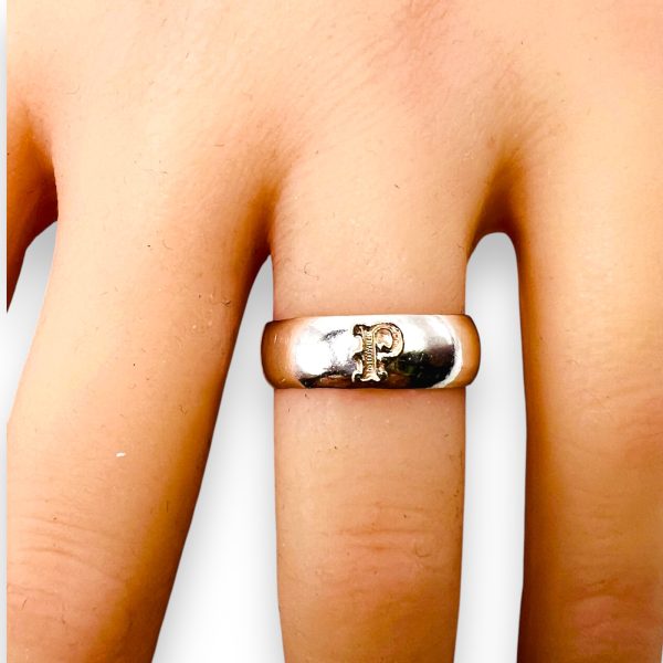 Initial Ring "P" 10k Gold Letter, sz 5.75 | 6mm Silver Band - Image 9