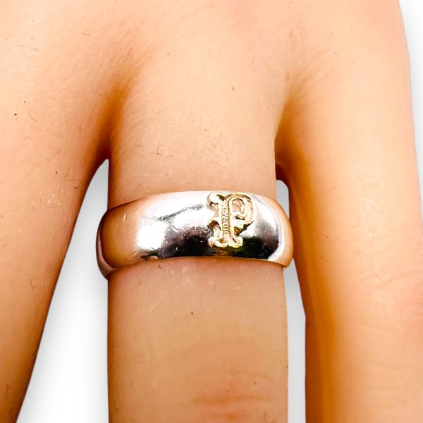 Initial Ring "P" 10k Gold Letter, sz 5.75 | 6mm Silver Band - Image 7