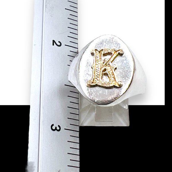 Signet Ring Letter “K” Initial 10k Gold, sz 8 | Silver Band - Image 2