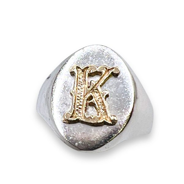 Signet Ring Letter “K” Initial 10k Gold, sz 8 | Silver Band - Image 3