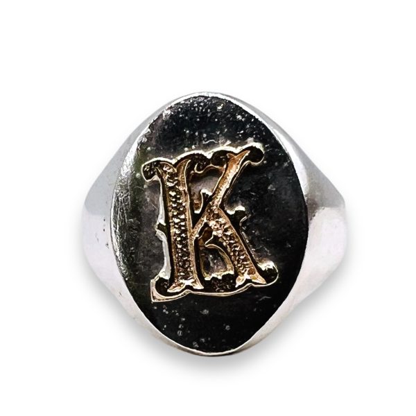 Signet Ring Letter “K” Initial 10k Gold, sz 8 | Silver Band - Image 8