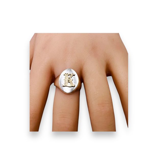 Signet Ring Letter “K” Initial 10k Gold, sz 8 | Silver Band - Image 12