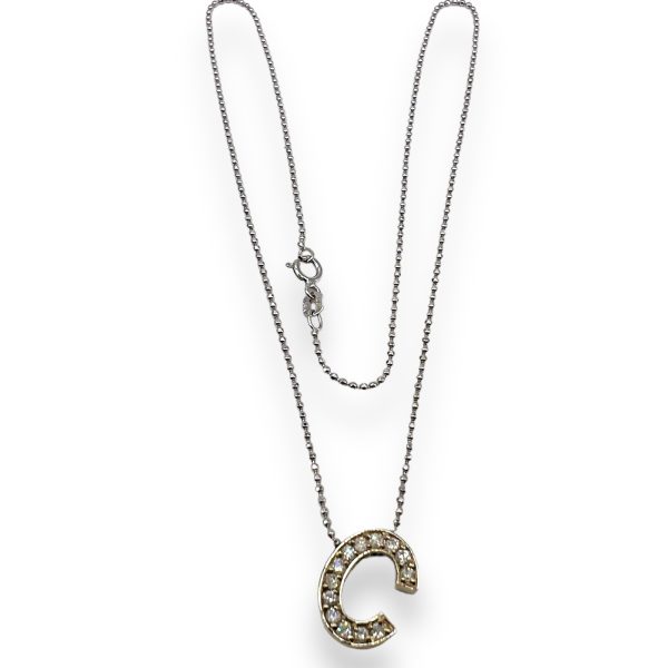 Initial Necklace Letter "C" Diamonds 14k Real White Gold