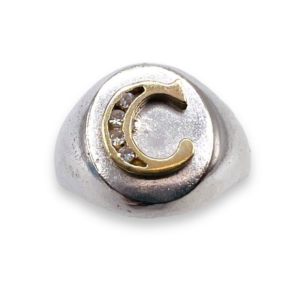 Signet Ring Letter “C” Diamond Initial 10k Gold, sz 8 - Image 2