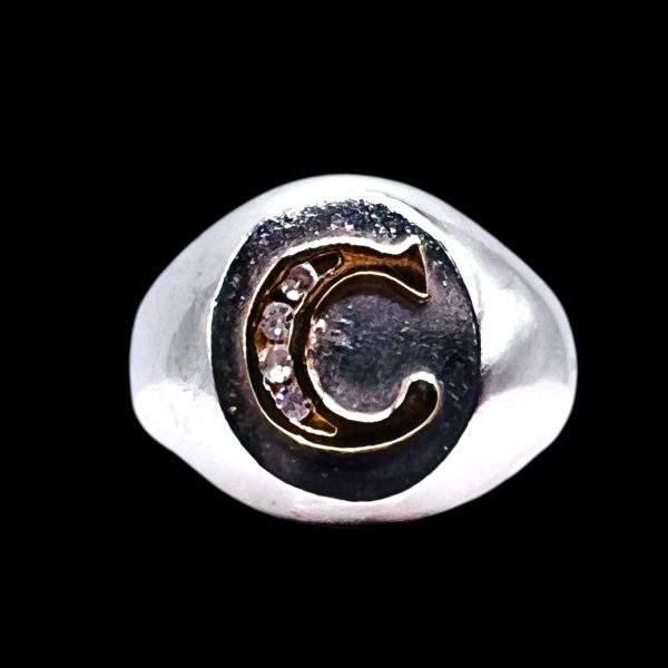 Signet Ring Letter “C” Diamond Initial 10k Gold, sz 8 - Image 10