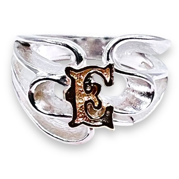 Initial Ring 'E' 10K Gold Script Letter, sz 5 | Silver Band