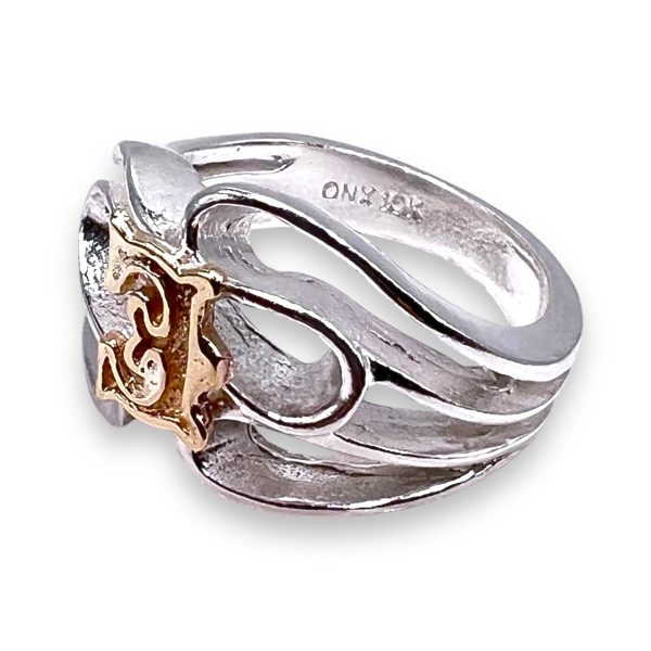 Initial Ring 'E' 10K Gold Script Letter, sz 5 | Silver Band - Image 12