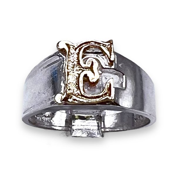 Initial Ring "E" 10k Gold Letter, sz 8 | 8mm Silver Band