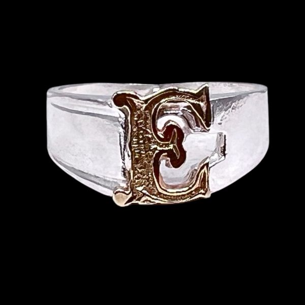 Initial Ring "E" 10k Gold Letter, sz 8 | 8mm Silver Band - Image 10