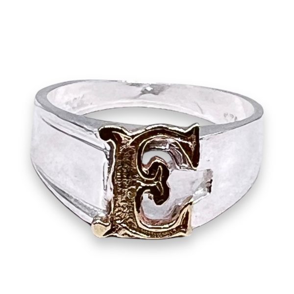 Initial Ring "E" 10k Gold Letter, sz 8 | 8mm Silver Band - Image 15