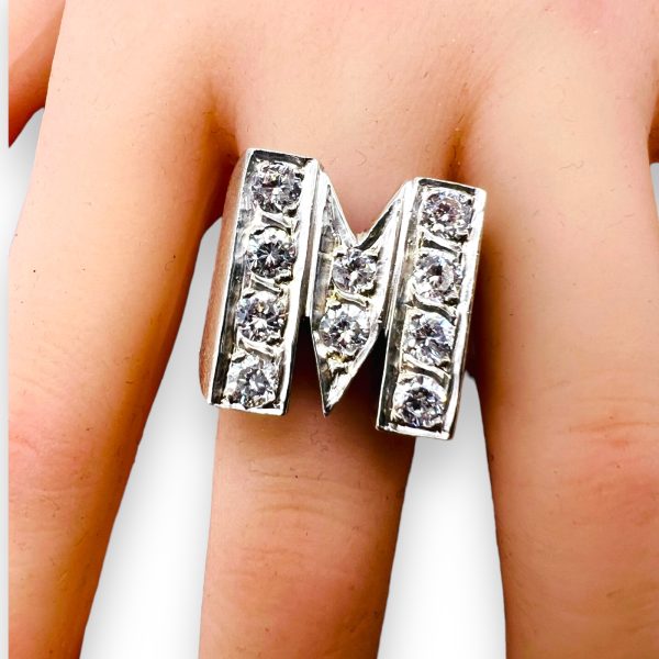 Block Letter Bling Ring Initial "M" Cubic Zirconia, Size 7.5 - Image 2