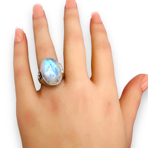 Large Rainbow Moonstone Ring 925 Sterling Silver, Size 7 - Image 14