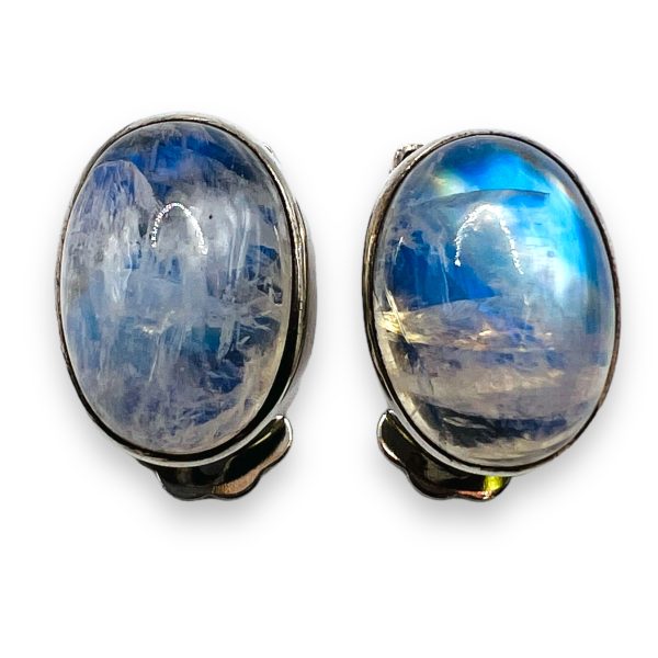 Oval Rainbow Moonstone Sterling Silver Earrings | clip-on