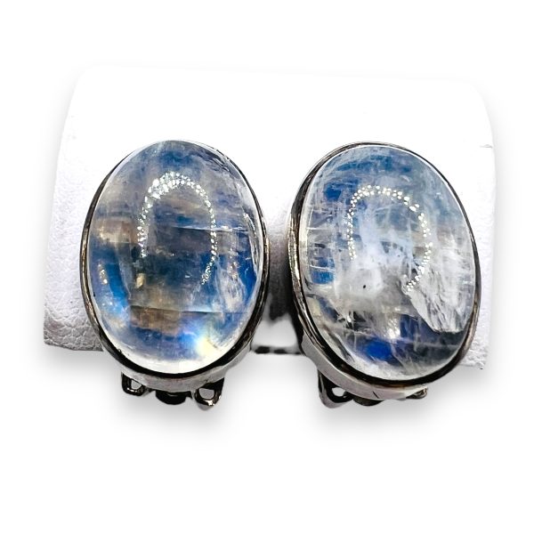 Oval Rainbow Moonstone Sterling Silver Earrings | clip-on - Image 7