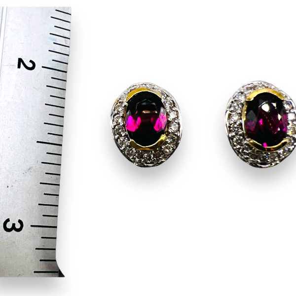 10k Gold Rosy Red Rhodolite Studs with Diamond Earrings - Image 2