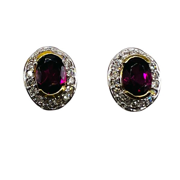 10k Gold Rosy Red Rhodolite Studs with Diamond Earrings - Image 3