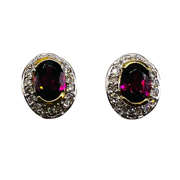 10k Gold Rosy Red Rhodolite Studs with Diamond Earrings - Image 5