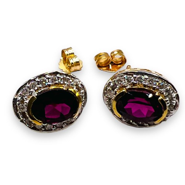 10k Gold Rosy Red Rhodolite Studs with Diamond Earrings - Image 6