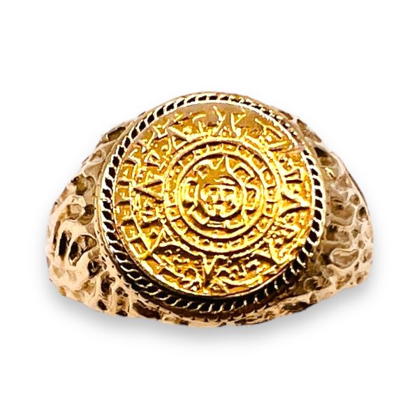 Mayan Calendar Gold Coin Ring 10k Gold Nugget, Size 6.75