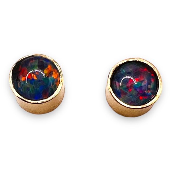 Round Black Opal Stud Earrings 14k Yellow Gold