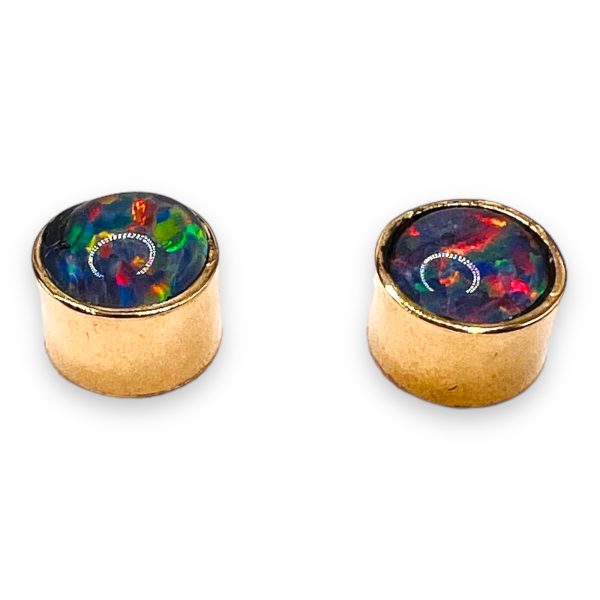 Round Black Opal Stud Earrings 14k Yellow Gold - Image 2