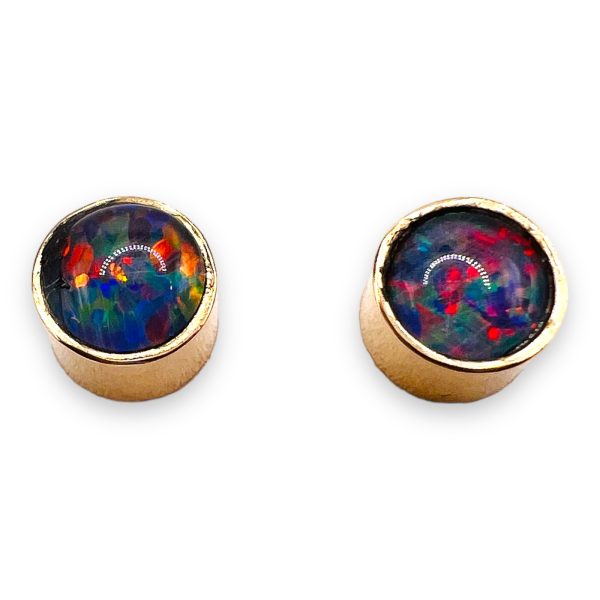 Round Black Opal Stud Earrings 14k Yellow Gold - Image 9