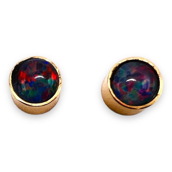 Round Black Opal Stud Earrings 14k Yellow Gold - Image 4