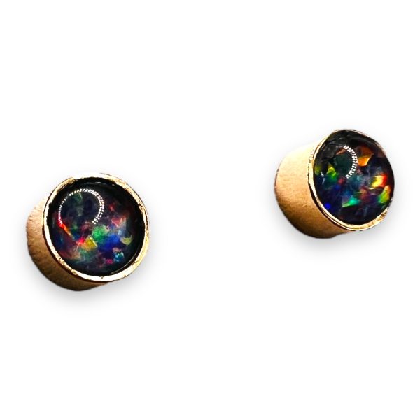 Round Black Opal Stud Earrings 14k Yellow Gold - Image 5