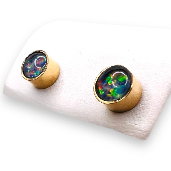 Round Black Opal Stud Earrings 14k Yellow Gold - Image 6