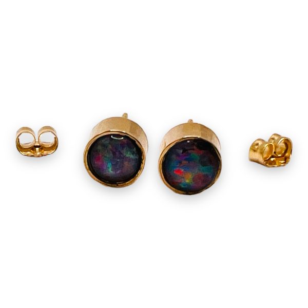 Round Black Opal Stud Earrings 14k Yellow Gold - Image 7