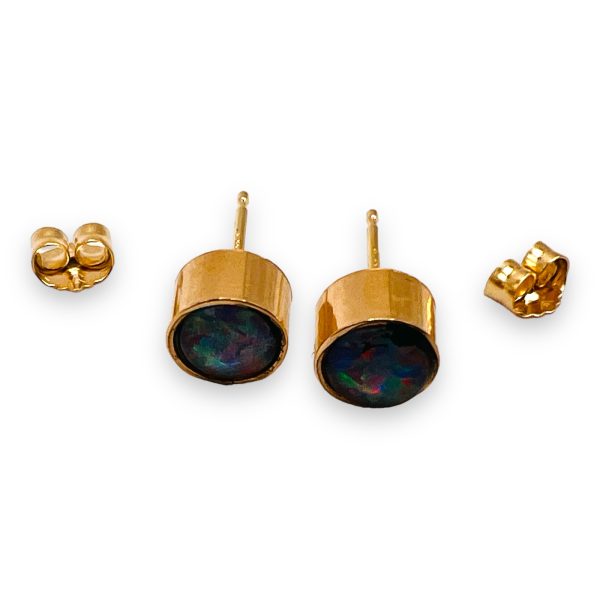 Round Black Opal Stud Earrings 14k Yellow Gold - Image 8