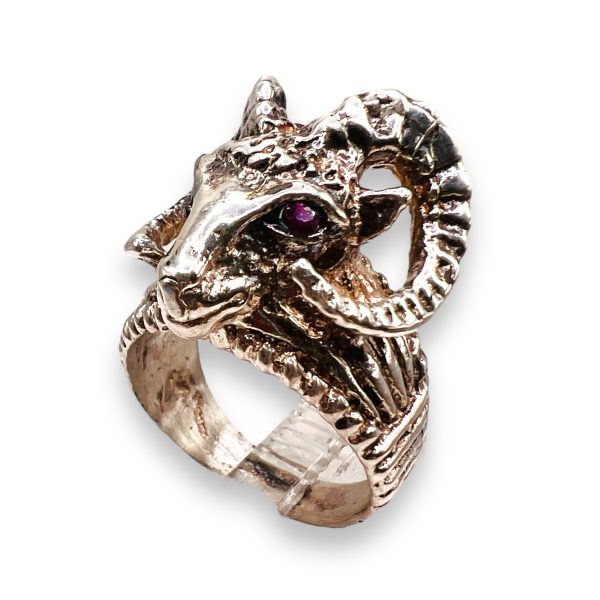 Big Horn Rams Head Skull Ring with Red Ruby Eyes Size 7.75 - Image 3