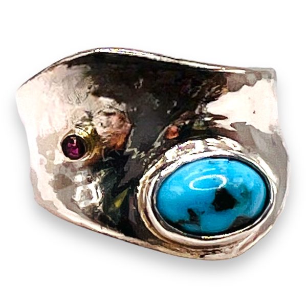 Blue Turquoise Ruby Gemstone Ring Sterling Silver, Size 7.75