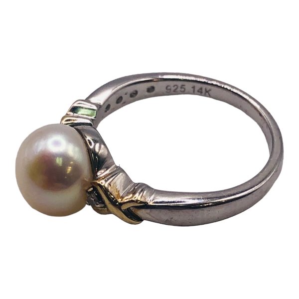 Freshwater Pearl Diamond Ring Silver & Gold, Size 7.75 - Image 3