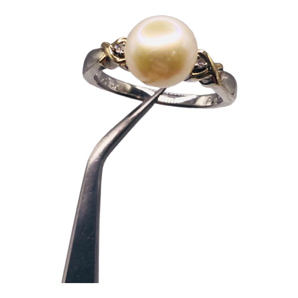 Freshwater Pearl Diamond Ring Silver & Gold, Size 7.75 - Image 4