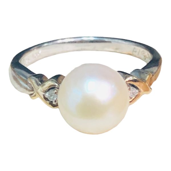 Freshwater Pearl Diamond Ring Silver & Gold, Size 7.75 - Image 2