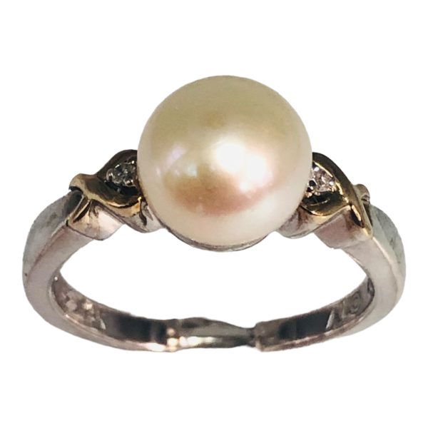 Freshwater Pearl Diamond Ring Silver & Gold, Size 7.75