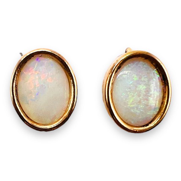 White Australian Opal Earrings 14k Yellow Gold