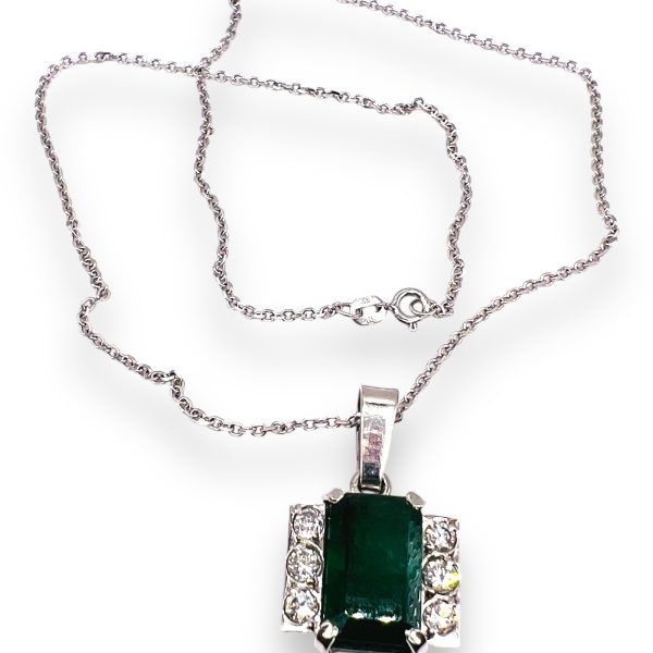 Emerald & Diamond Framed Pendant Necklace | 14k White Gold - Image 3