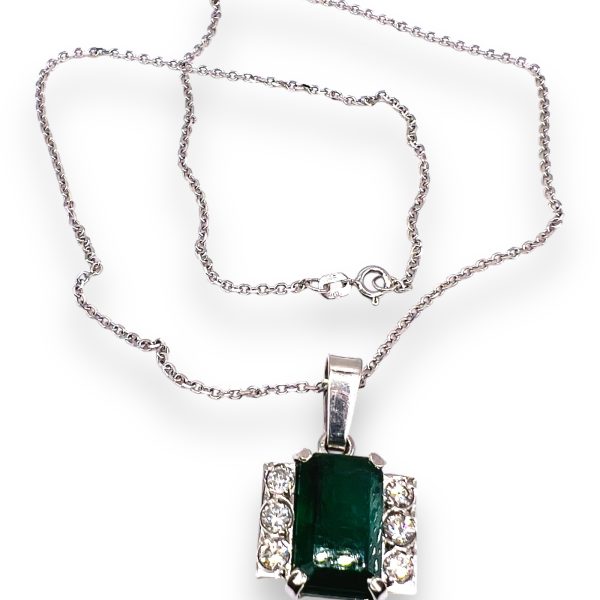 Emerald & Diamond Framed Pendant Necklace | 14k White Gold - Image 5