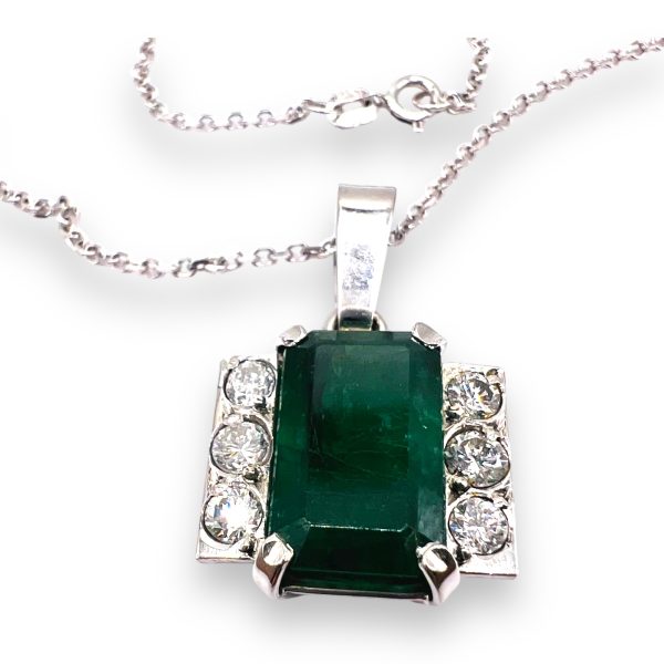 Emerald & Diamond Framed Pendant Necklace | 14k White Gold - Image 2