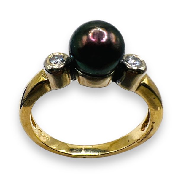 Black Pearl Diamond Ring, size 6.5  | Two-Tone 14k Gold